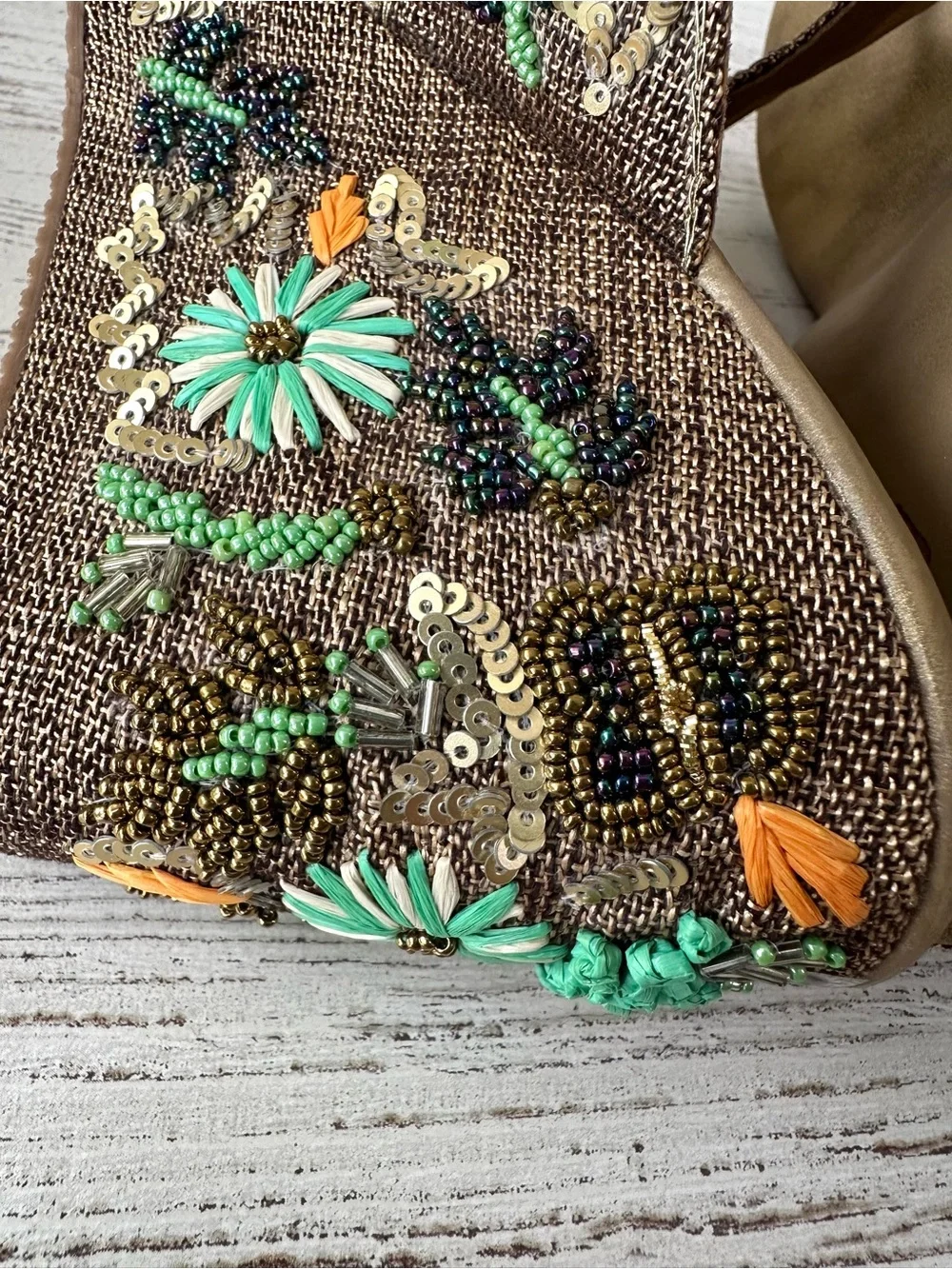 NWOT Beaded Sequin 3D Floral Platform Wedge Sandals 41 Butterfly Mixed Media